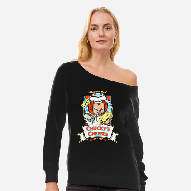 Chucky's Cheeses-womens off shoulder sweatshirt-krusemark