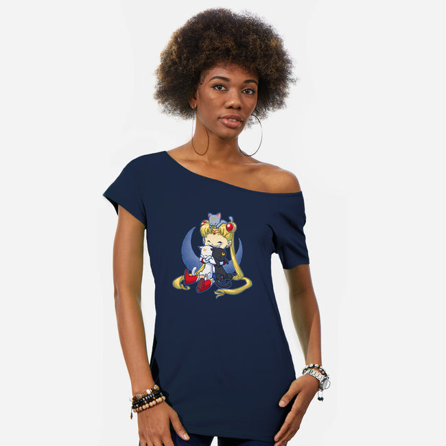Crazy Moon Cat Lady-womens off shoulder tee-DoOomcat