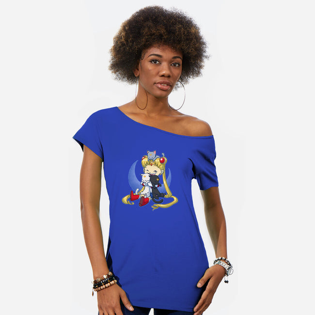 Crazy Moon Cat Lady-womens off shoulder tee-DoOomcat