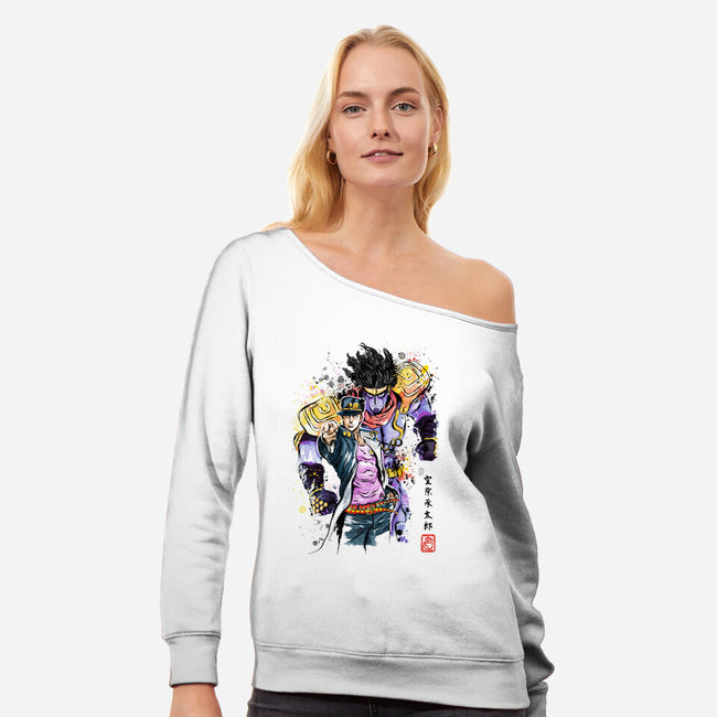 Bizarre Adventure Watercolor-womens off shoulder sweatshirt-DrMonekers