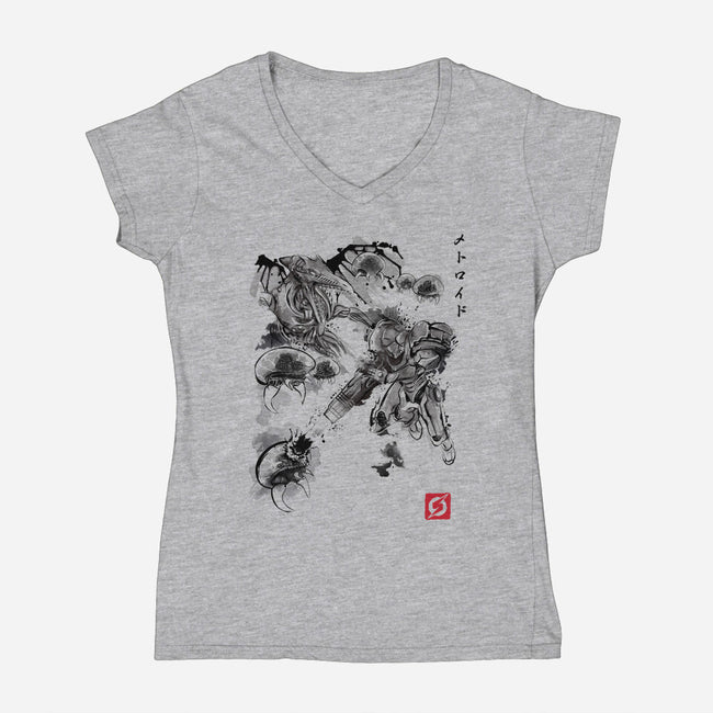 Attack of the Space Pirates Sumi-e-womens v-neck tee-DrMonekers
