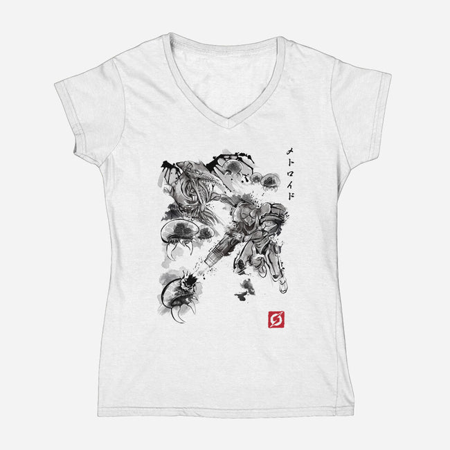 Attack of the Space Pirates Sumi-e-womens v-neck tee-DrMonekers