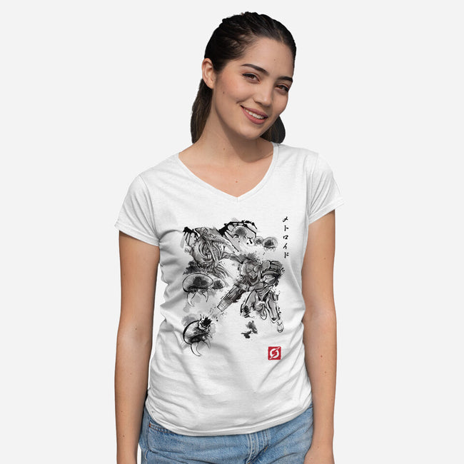Attack of the Space Pirates Sumi-e-womens v-neck tee-DrMonekers