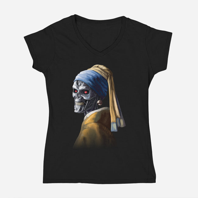 Machine with a Pearl Earring-womens v-neck tee-daobiwan