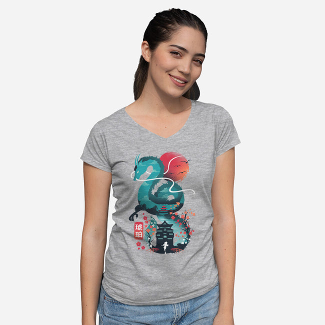 UKIYO E DRAGON-womens v-neck tee-dandingeroz