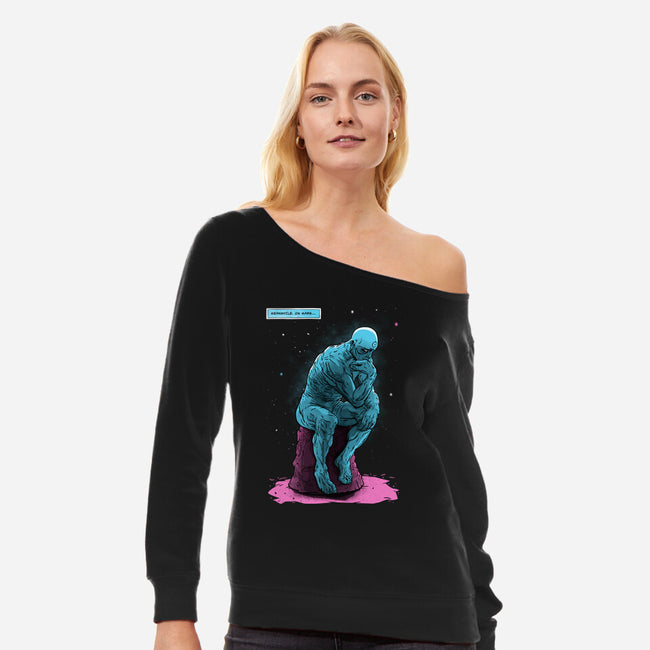 Blue Thinker-womens off shoulder sweatshirt-teesgeex