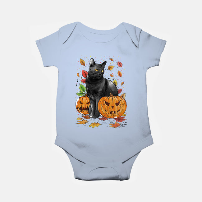 Cat Leaves and Pumpkins-baby basic onesie-DrMonekers