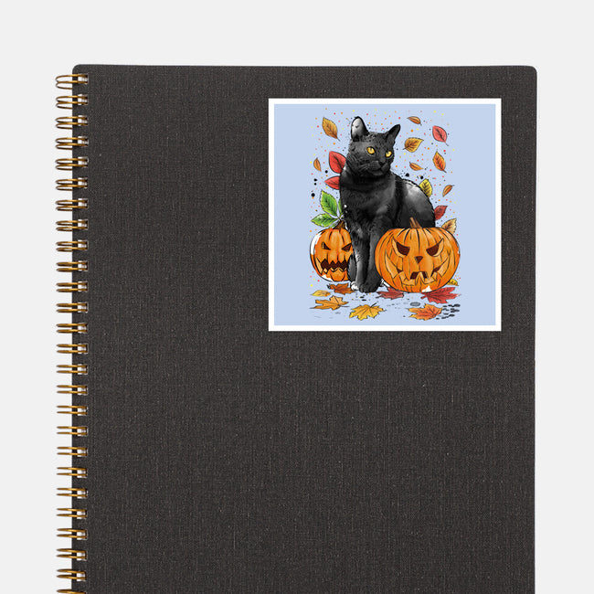 Cat Leaves and Pumpkins-none glossy sticker-DrMonekers