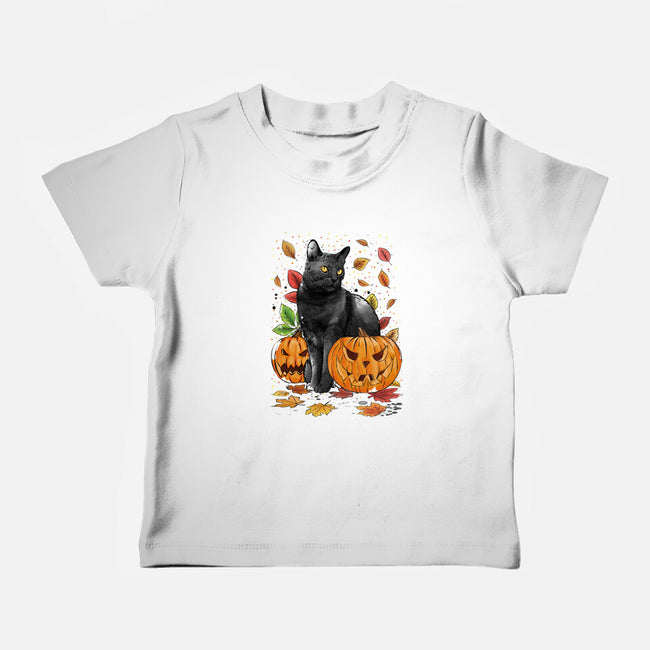 Cat Leaves and Pumpkins-baby basic tee-DrMonekers