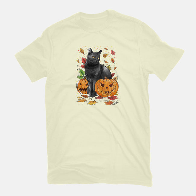 Cat Leaves and Pumpkins-womens fitted tee-DrMonekers