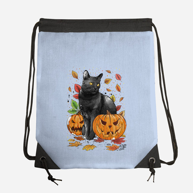 Cat Leaves and Pumpkins-none drawstring bag-DrMonekers