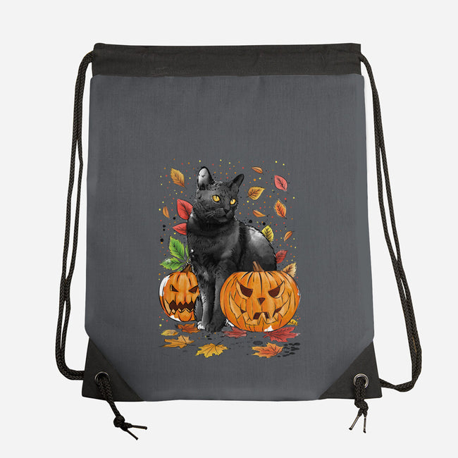 Cat Leaves and Pumpkins-none drawstring bag-DrMonekers