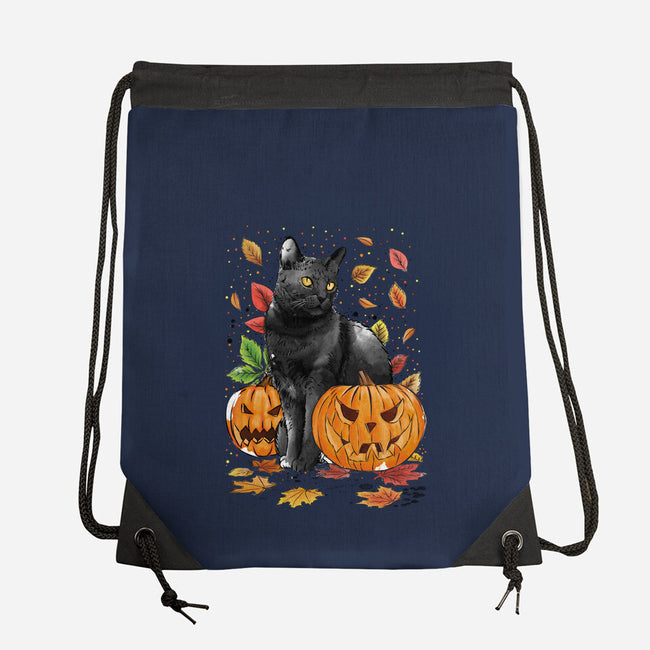 Cat Leaves and Pumpkins-none drawstring bag-DrMonekers