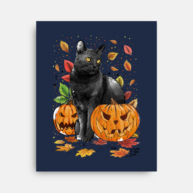 Cat Leaves and Pumpkins-none stretched canvas-DrMonekers