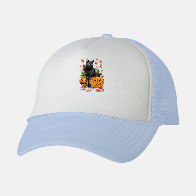 Cat Leaves and Pumpkins-unisex trucker hat-DrMonekers