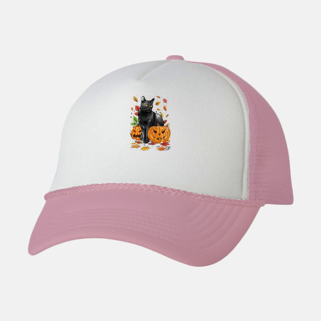 Cat Leaves and Pumpkins-unisex trucker hat-DrMonekers