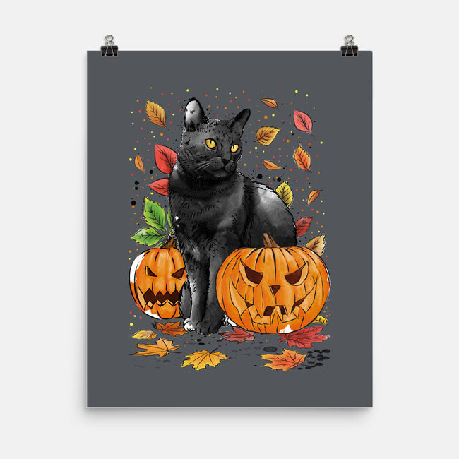 Cat Leaves and Pumpkins-none matte poster-DrMonekers