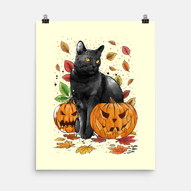 Cat Leaves and Pumpkins-none matte poster-DrMonekers