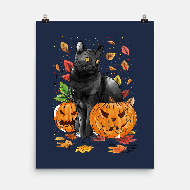 Cat Leaves and Pumpkins-none matte poster-DrMonekers