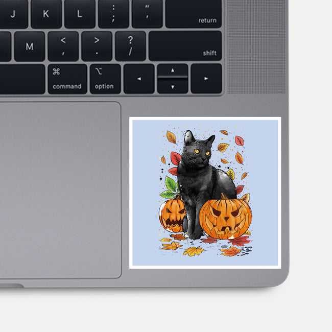 Cat Leaves and Pumpkins-none glossy sticker-DrMonekers