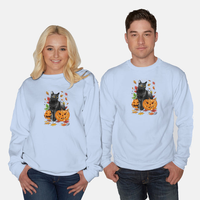 Cat Leaves and Pumpkins-unisex crew neck sweatshirt-DrMonekers