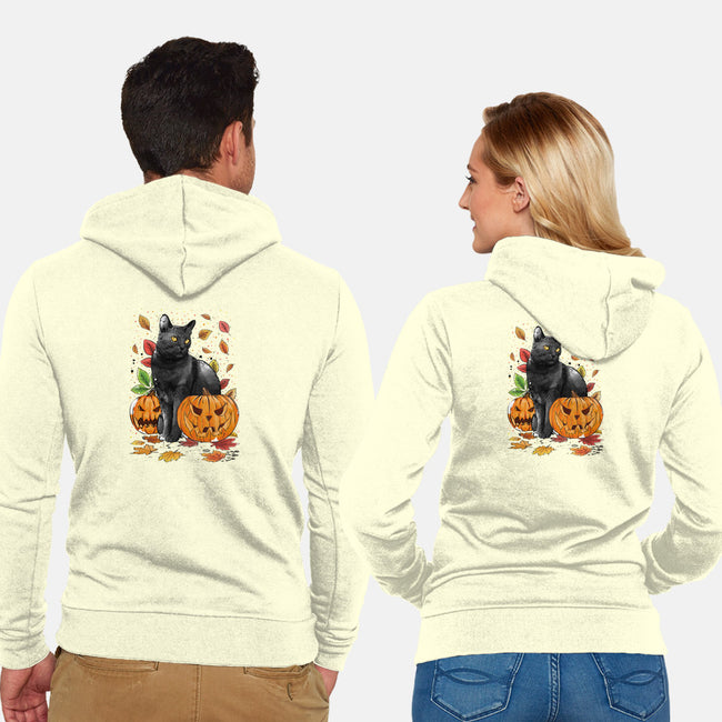 Cat Leaves and Pumpkins-unisex zip-up sweatshirt-DrMonekers