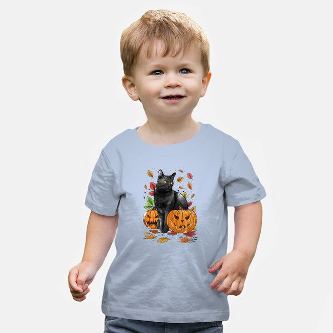 Cat Leaves and Pumpkins-baby basic tee-DrMonekers