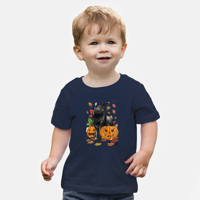 Cat Leaves and Pumpkins-baby basic tee-DrMonekers