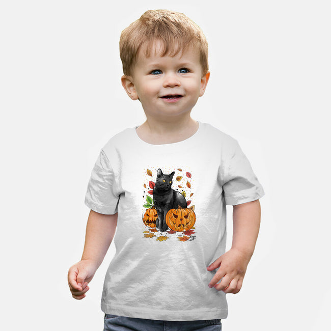 Cat Leaves and Pumpkins-baby basic tee-DrMonekers