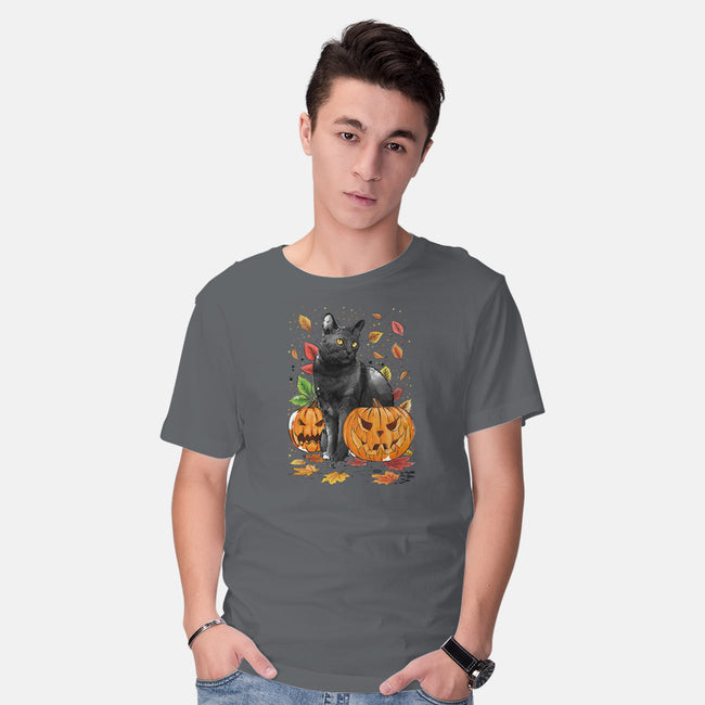 Cat Leaves and Pumpkins-mens basic tee-DrMonekers