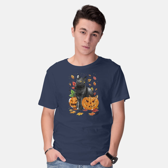 Cat Leaves and Pumpkins-mens basic tee-DrMonekers