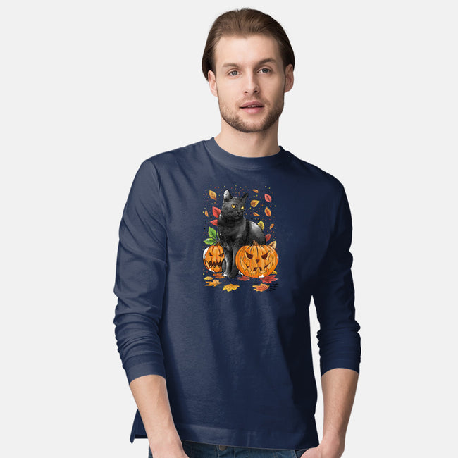 Cat Leaves and Pumpkins-mens long sleeved tee-DrMonekers