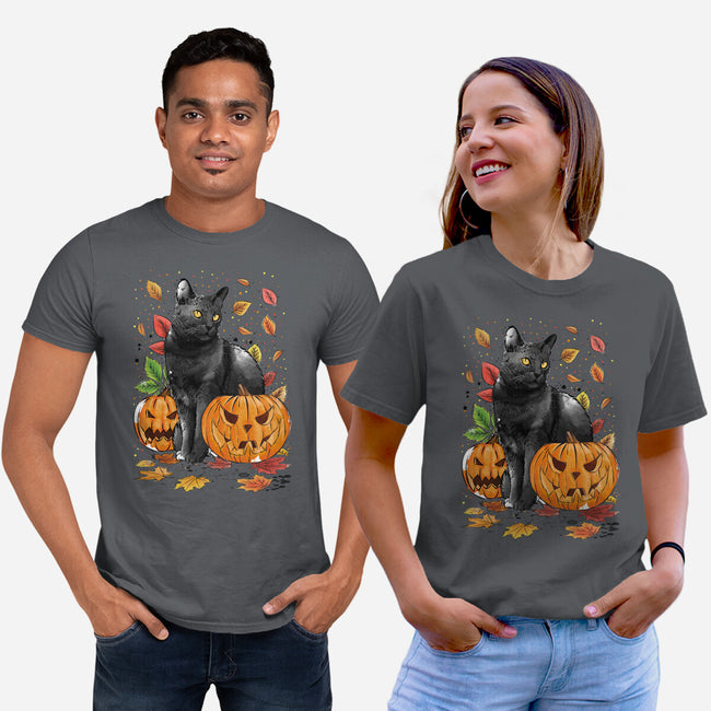 Cat Leaves and Pumpkins-unisex basic tee-DrMonekers
