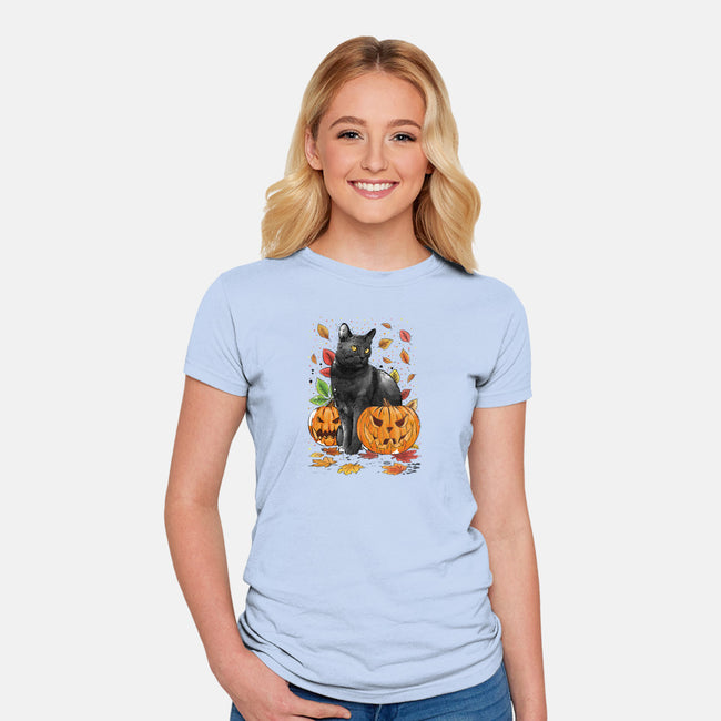 Cat Leaves and Pumpkins-womens fitted tee-DrMonekers