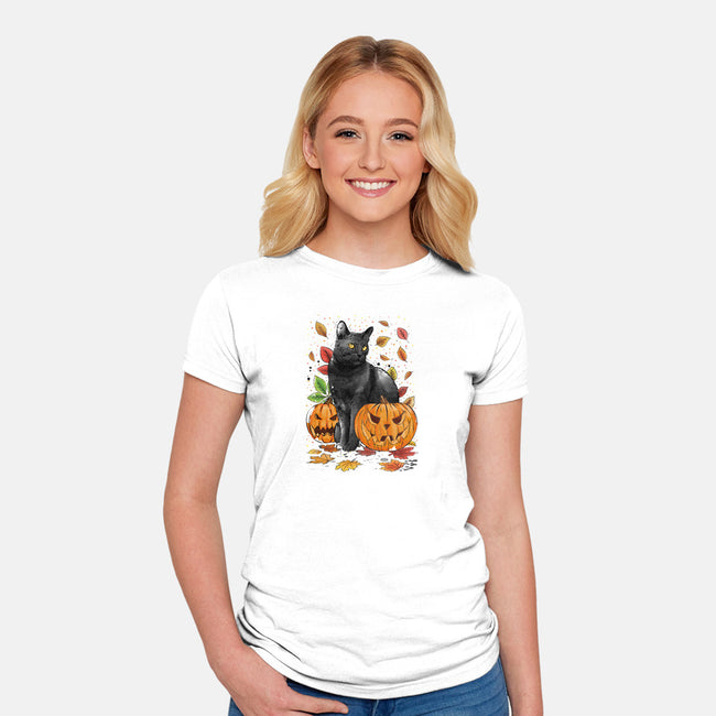 Cat Leaves and Pumpkins-womens fitted tee-DrMonekers