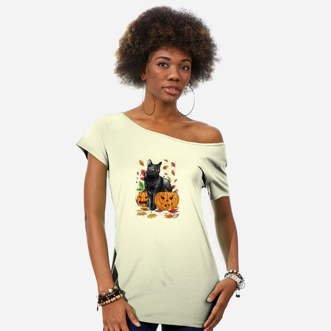 Cat Leaves and Pumpkins-womens off shoulder tee-DrMonekers