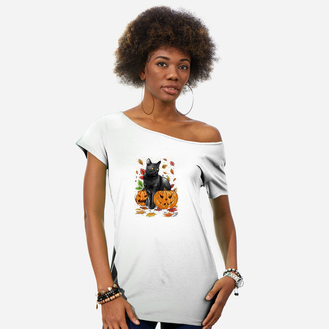 Cat Leaves and Pumpkins-womens off shoulder tee-DrMonekers