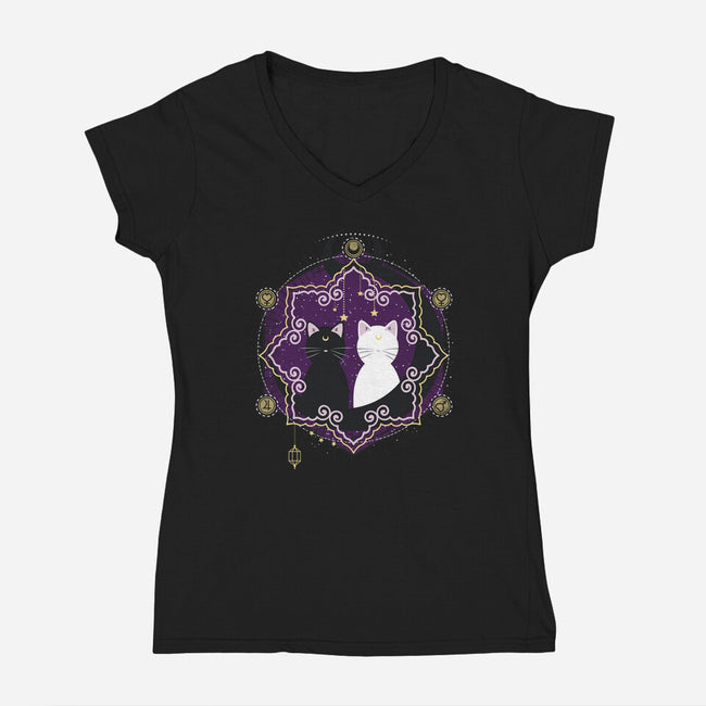 Crescent Moon Cats-womens v-neck tee-Liewrite