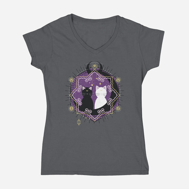 Crescent Moon Cats-womens v-neck tee-Liewrite