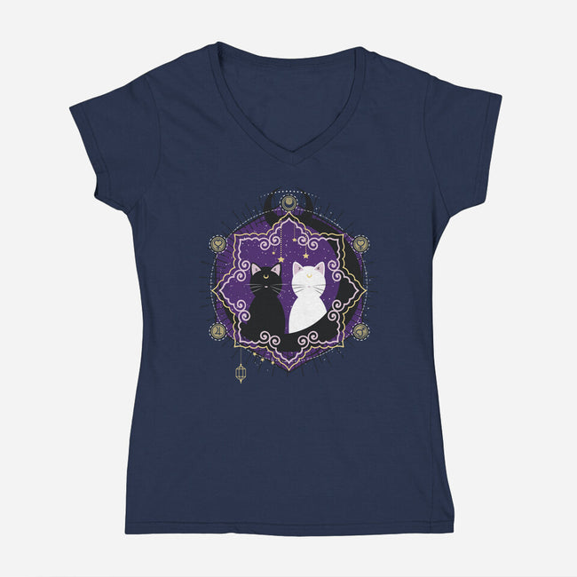 Crescent Moon Cats-womens v-neck tee-Liewrite