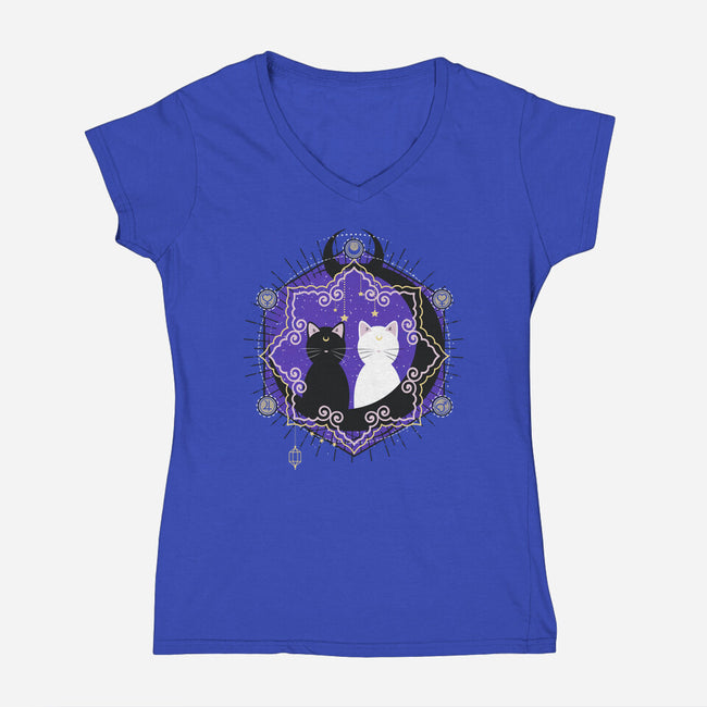 Crescent Moon Cats-womens v-neck tee-Liewrite