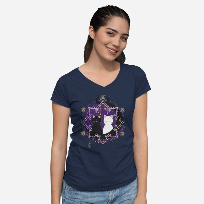 Crescent Moon Cats-womens v-neck tee-Liewrite