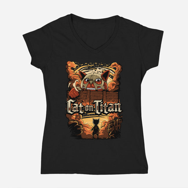 Cat on Titan-womens v-neck tee-pujartwork