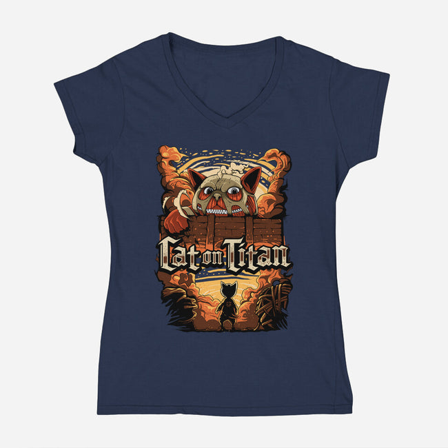 Cat on Titan-womens v-neck tee-pujartwork