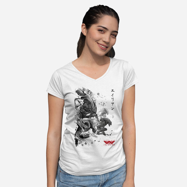 Xenomorphs Invasion Sumi-E-womens v-neck tee-DrMonekers
