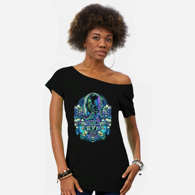Welcome To The Crypt-womens off shoulder tee-glitchygorilla