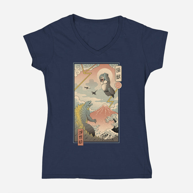 Kaiju Fight In Edo-womens v-neck tee-vp021