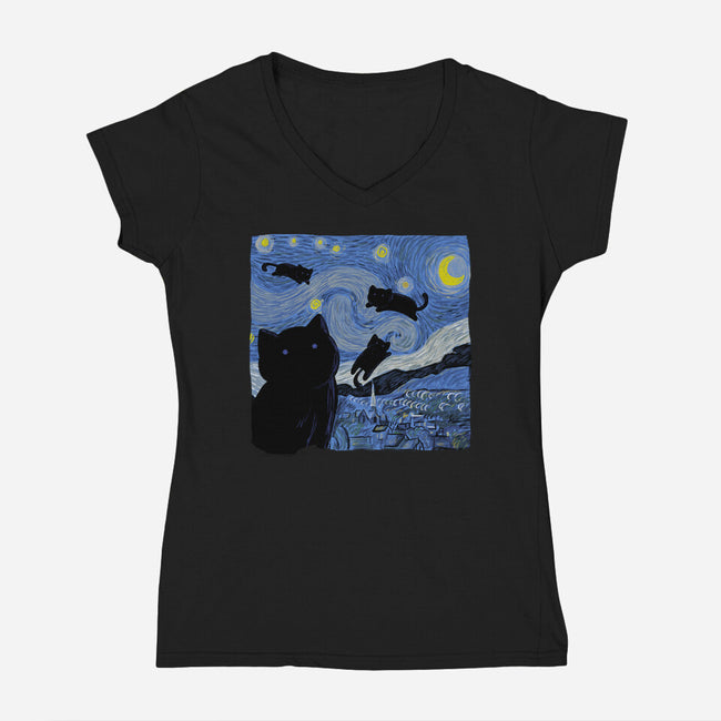 The Starry Cat Night-womens v-neck tee-tobefonseca