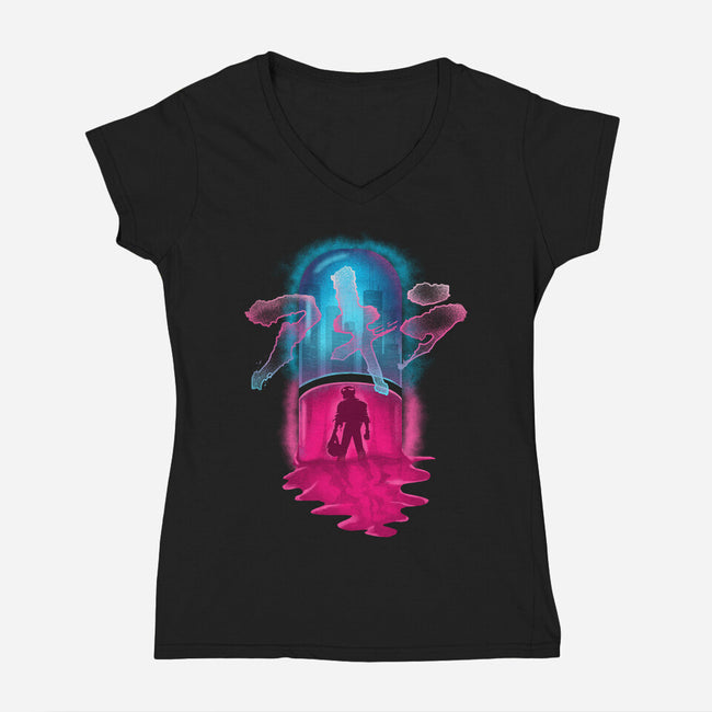 Neo-Tokyo Pill-womens v-neck tee-Wookie Mike