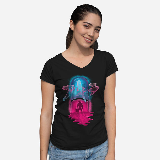 Neo-Tokyo Pill-womens v-neck tee-Wookie Mike